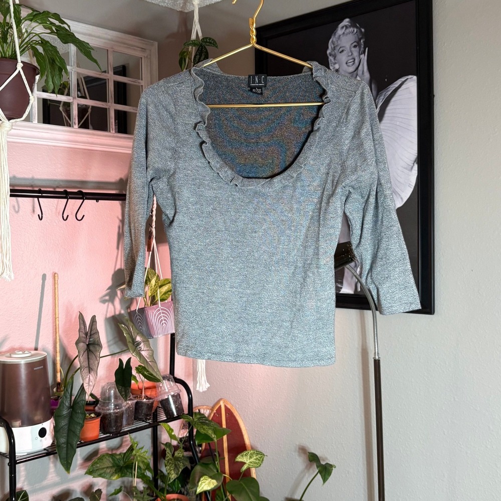 INC International Concepts Top Women's Large Gray Blue Ruffle Neck 3/4 Sleeve